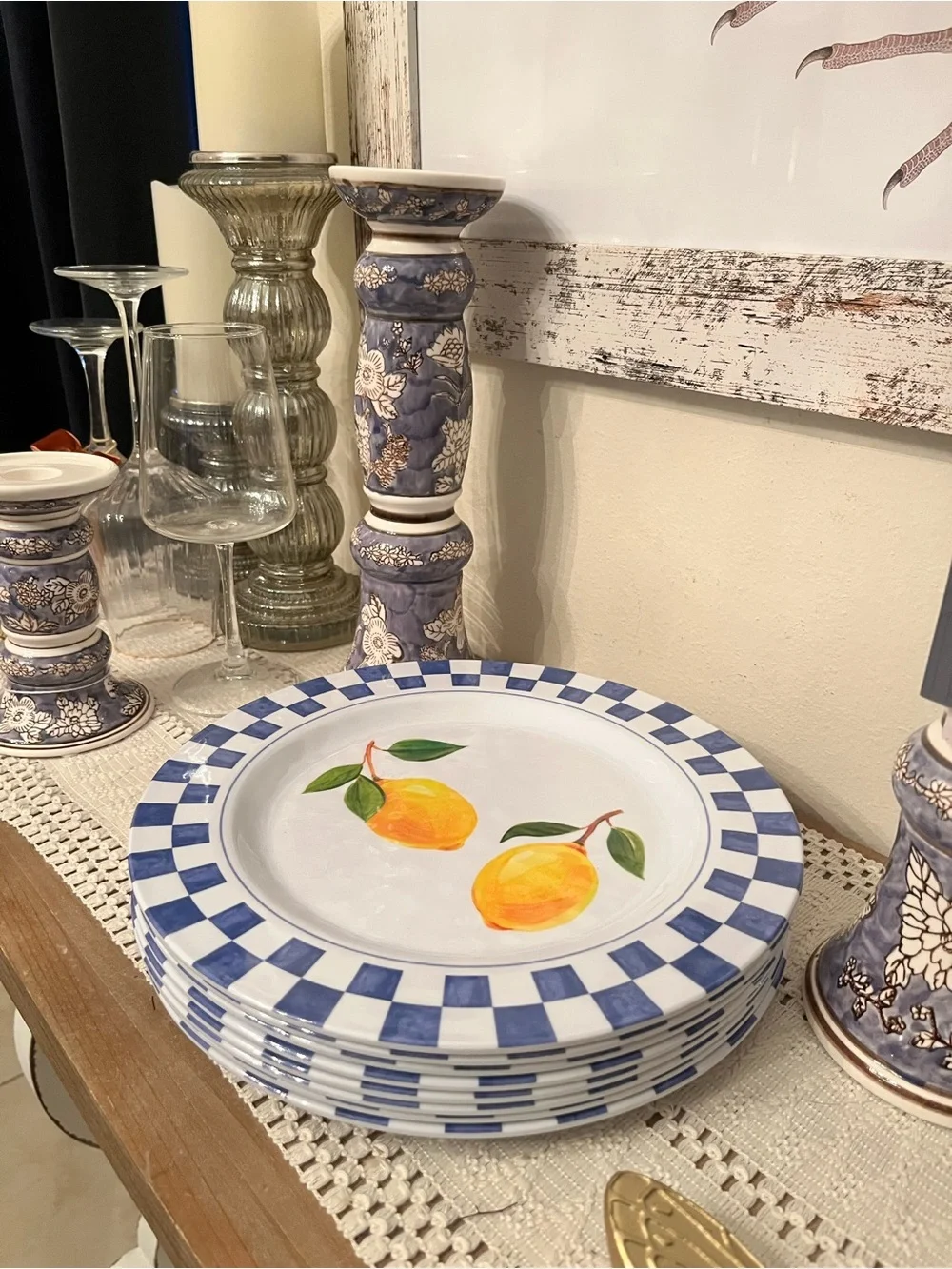 Blue Check & Lemon Melamine Dinner Plate - White/Blue/Yellow